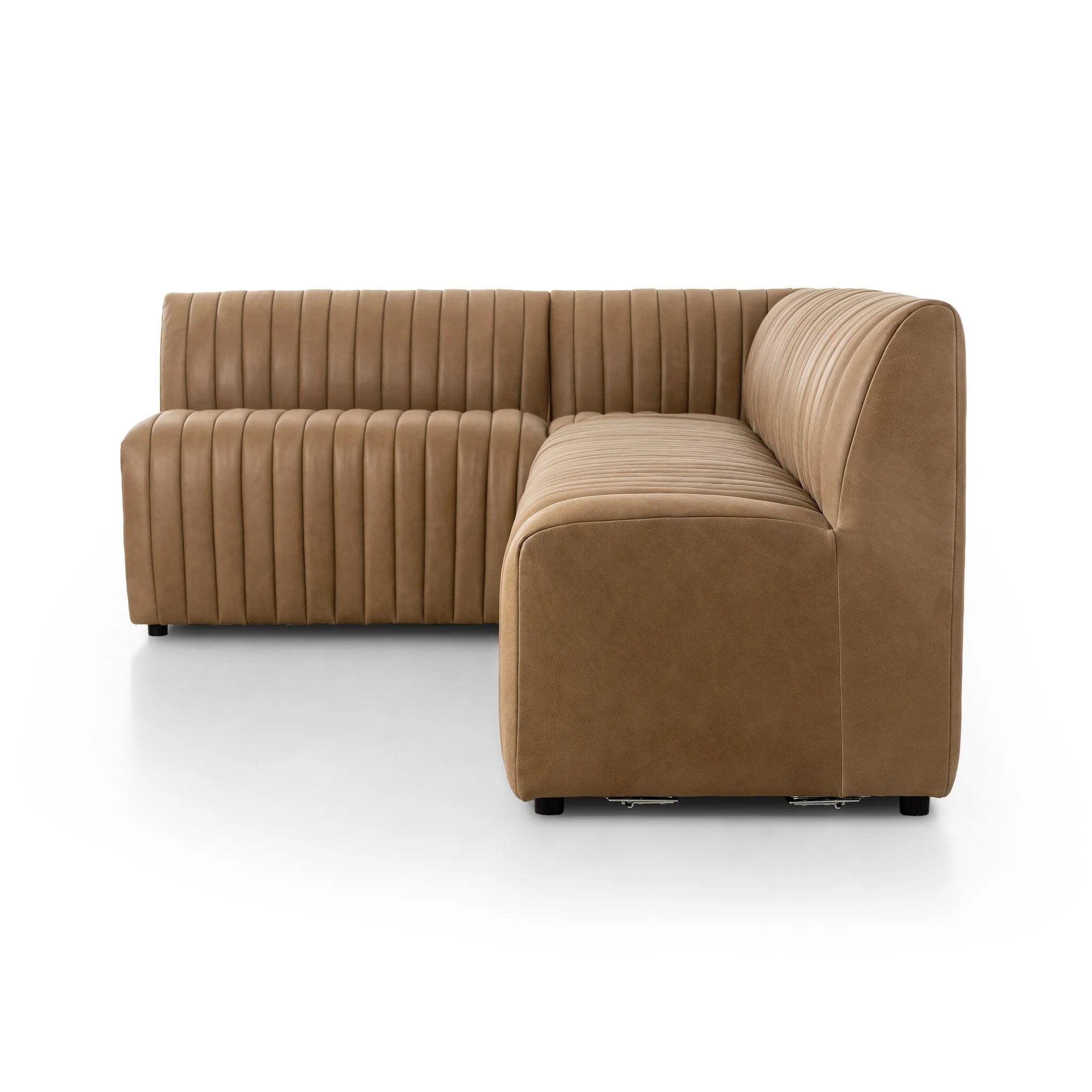 Featuring Augustine Palermo Drift Dining Banquette L Shape 110" by Four Hands at Amethyst Home. Welcome to your new favorite nook for morning coffee. An L-shaped dining banquette is upholstered in tan top-grain leather with a beautifully pronounced grain and dramatic channeling for a linear look.Overall Dimensions: 110.00"w x 66.50"d x 31.50"h
Shown paired. Amethyst Home provides interior design, new home construction design consulting, vintage area rugs, and lighting in the Washington metro area.