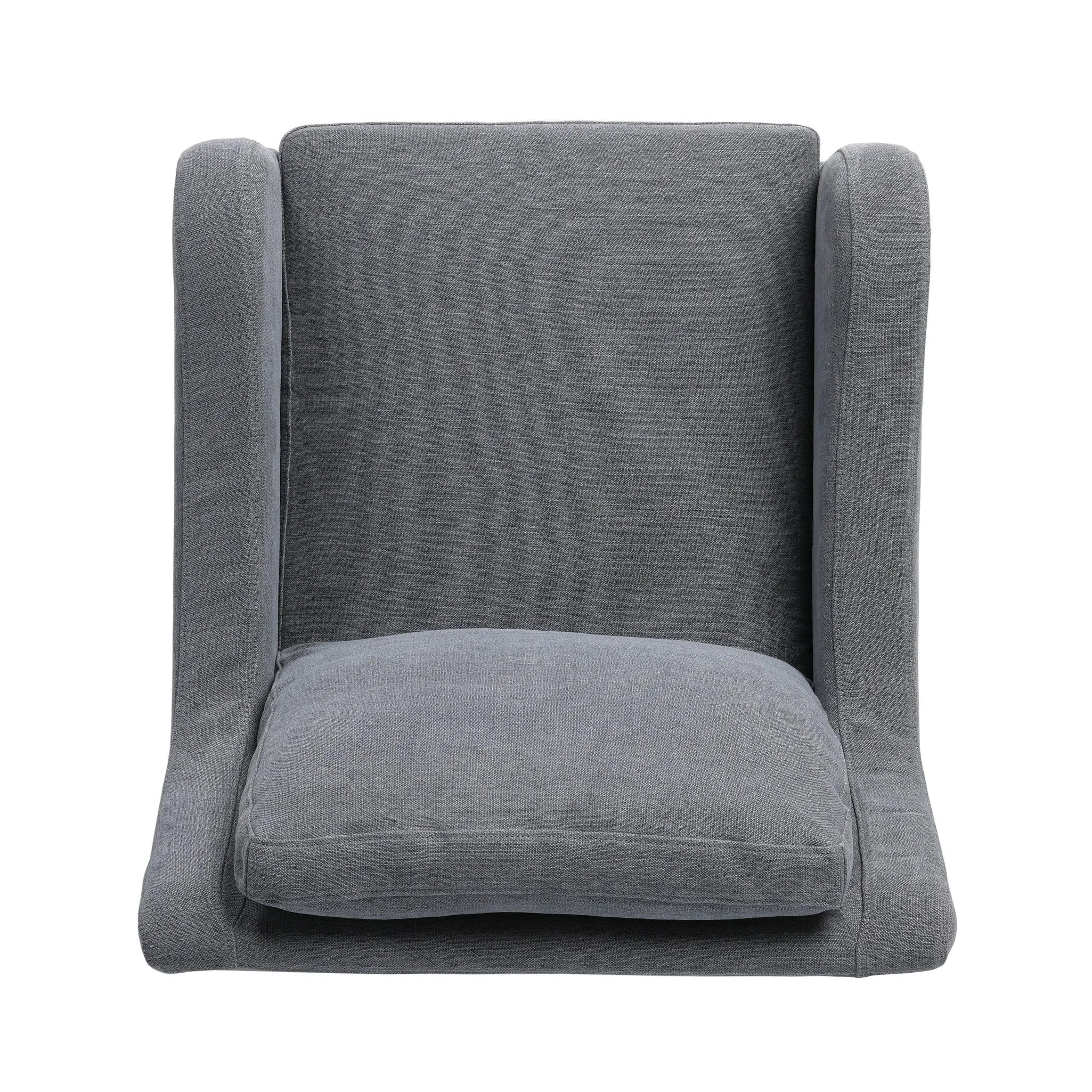 Heritage-inspired comfort. Sloping track arms are a study in playful forms, while the frame's fluid shape creates a simple, polished look. Tapered legs extend beyond a short skirt for a more relaxed style. Covered in 100% linen. A design collaboration by Amber Lewis and Four Hands. Amethyst Home provides interior design, new home construction design consulting, vintage area rugs, and lighting in the Charlotte metro area.