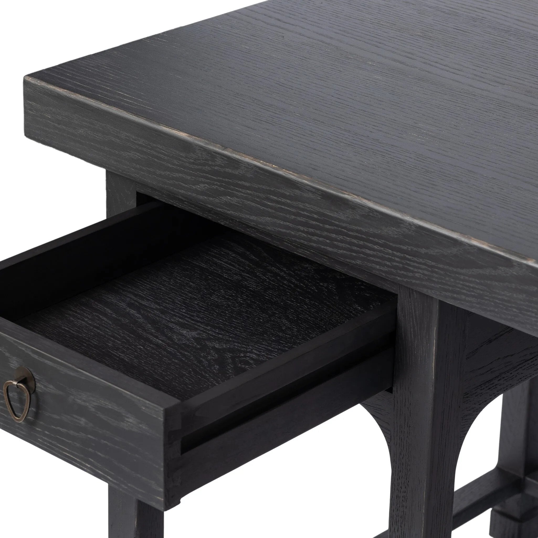 Inspired by Chinese antiques, a spacious desk of aged black oak features a double-leg design, bringing a substantial look to your workspace Amethyst Home provides interior design, new home construction design consulting, vintage area rugs, and lighting in the Miami metro area.