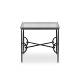 A slim frame of hammered gunmetal pairs with tempered glass, for a clean and timeless end table look. Stretchers attach to metal loops for an elevated design detail Amethyst Home provides interior design, new home construction design consulting, vintage area rugs, and lighting in the Charlotte metro area.