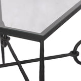A slim frame of hammered gunmetal pairs with tempered glass, for a clean and timeless end table look. Stretchers attach to metal loops for an elevated design detail Amethyst Home provides interior design, new home construction design consulting, vintage area rugs, and lighting in the Newport Beach metro area.