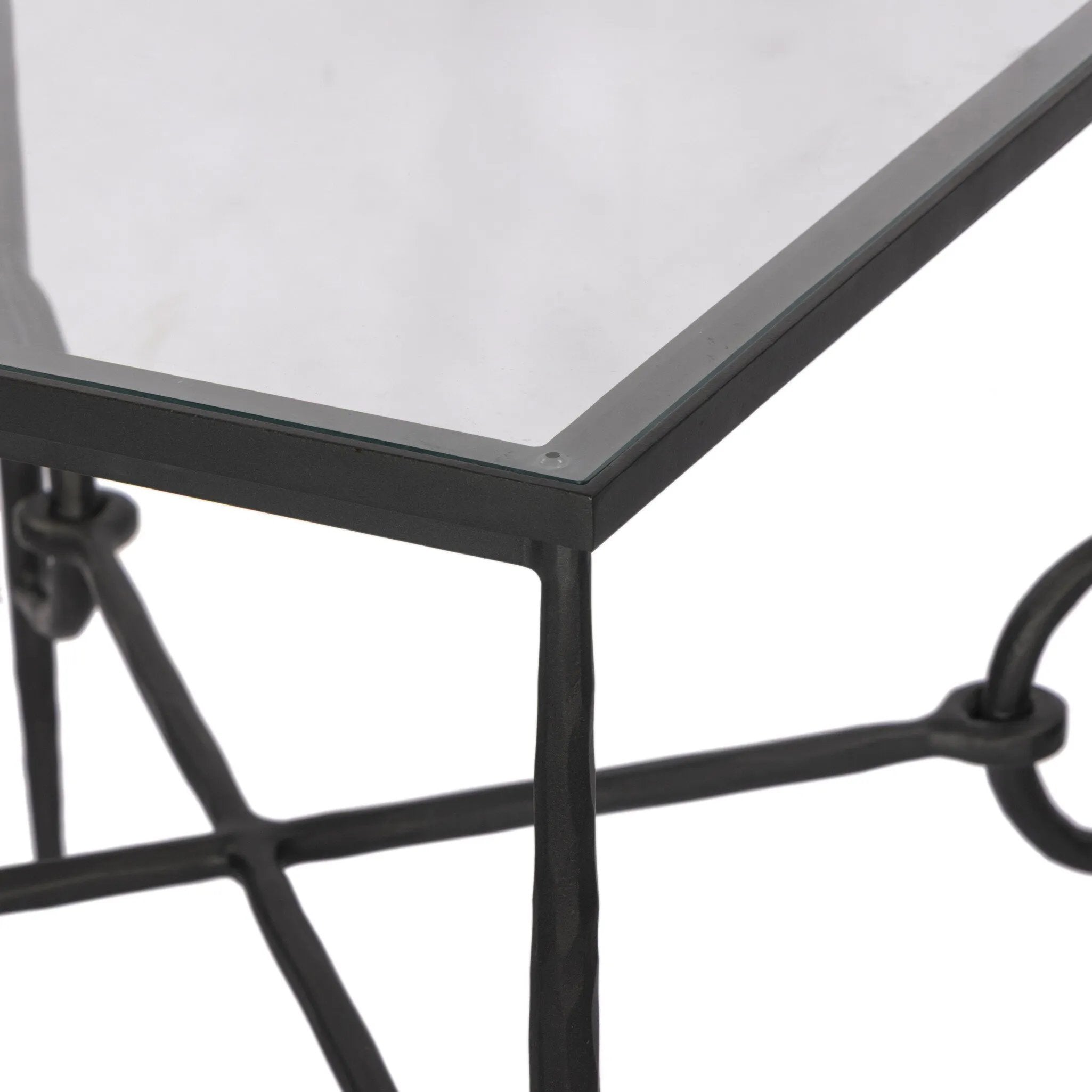 A slim frame of hammered gunmetal pairs with tempered glass, for a clean and timeless end table look. Stretchers attach to metal loops for an elevated design detail Amethyst Home provides interior design, new home construction design consulting, vintage area rugs, and lighting in the Seattle metro area.