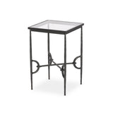 A slim, spare frame of hammered gunmetal pairs with tempered glass, for a clean and timeless end table look. Stretchers attach to metal loops for an elevated design detail Amethyst Home provides interior design, new home construction design consulting, vintage area rugs, and lighting in the Boston metro area.