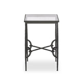A slim, spare frame of hammered gunmetal pairs with tempered glass, for a clean and timeless end table look. Stretchers attach to metal loops for an elevated design detail Amethyst Home provides interior design, new home construction design consulting, vintage area rugs, and lighting in the Calabasas metro area.