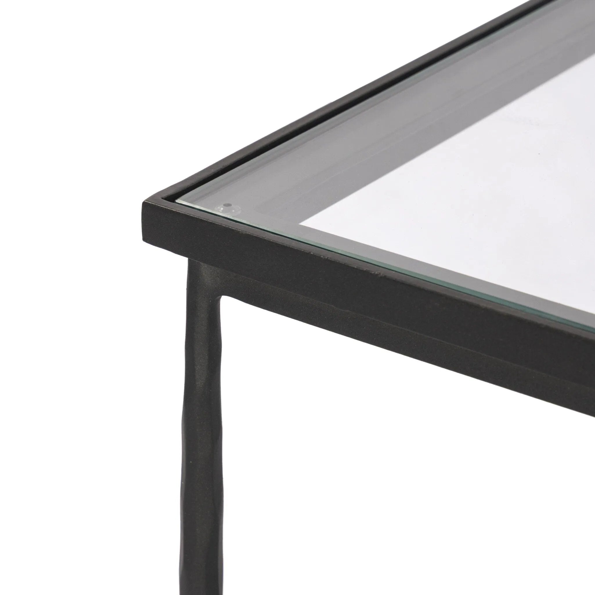 A slim, spare frame of hammered gunmetal pairs with tempered glass, for a clean and timeless end table look. Stretchers attach to metal loops for an elevated design detail Amethyst Home provides interior design, new home construction design consulting, vintage area rugs, and lighting in the Monterey metro area.