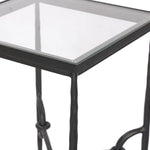 A slim, spare frame of hammered gunmetal pairs with tempered glass, for a clean and timeless end table look. Stretchers attach to metal loops for an elevated design detail Amethyst Home provides interior design, new home construction design consulting, vintage area rugs, and lighting in the Nashville metro area.
