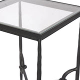 A slim, spare frame of hammered gunmetal pairs with tempered glass, for a clean and timeless end table look. Stretchers attach to metal loops for an elevated design detail Amethyst Home provides interior design, new home construction design consulting, vintage area rugs, and lighting in the Nashville metro area.