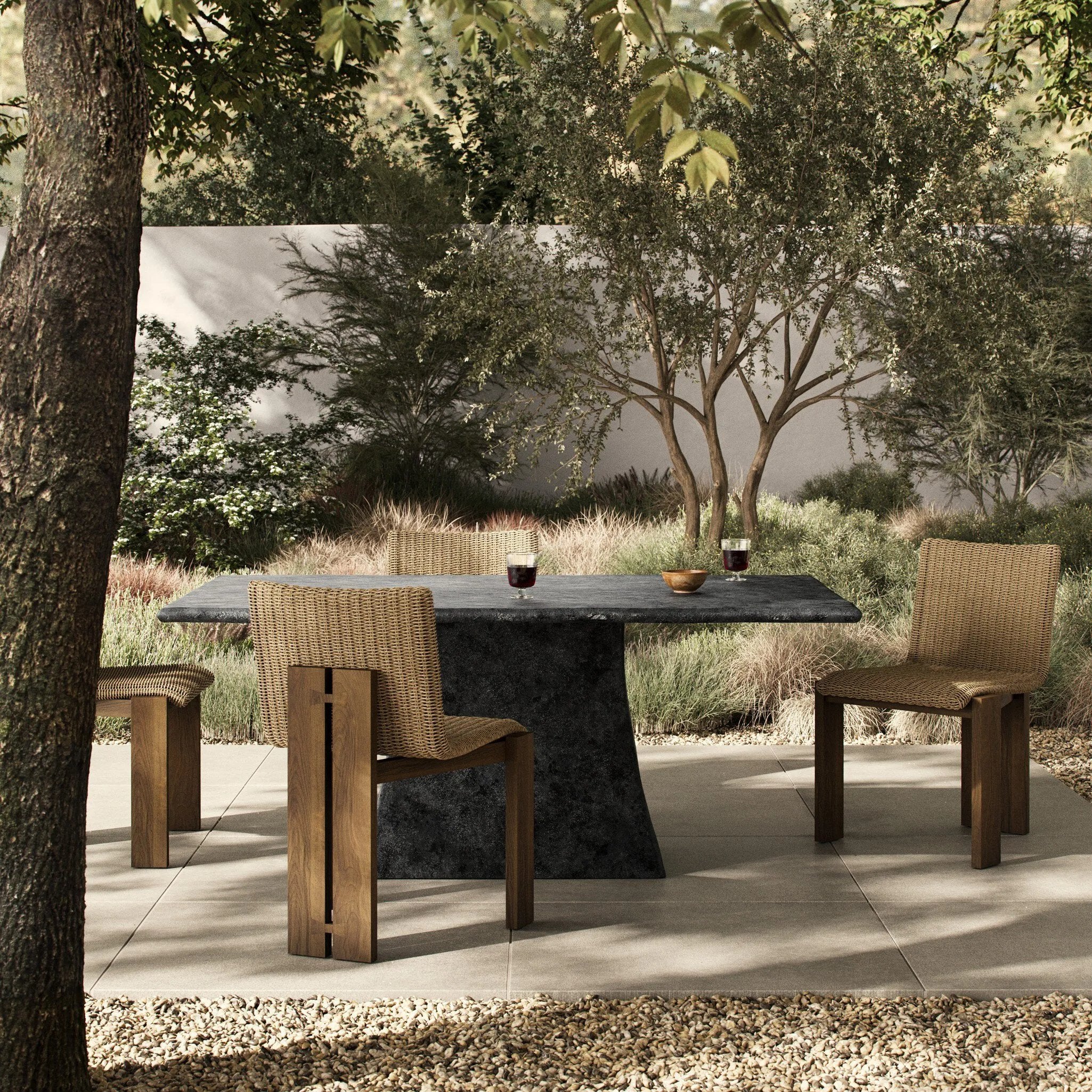 Featuring Bala Aged Grey Outdoor Dining Table 72" by Four Hands at Amethyst Home. Aged grey aluminum and a tapered pedestal base bring sculptural presence to this rectangular table. Designed for versatility, its clean lines and subtle texture make it a striking addition to indoor or outdoor spaces. Cover or store indoors during inclement weather and when . Amethyst Home provides interior design, new home construction design consulting, vintage area rugs, and lighting in the Los Angeles metro area.