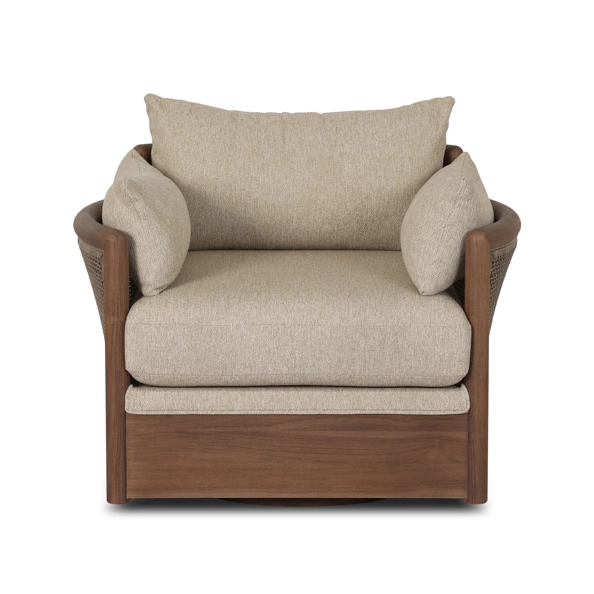 A fresh twist on classic cane weaving, this outdoor chair meets timeless design with durable, all-weather materials and a 360 swivel. Soft curves, plush cushions and elegant woven details bring indoor comfort outside, creating a seamless flow between your spaces. Elevate your outdoor living with a piece that feels as inviting as it looks. Amethyst Home provides interior design, new home construction design consulting, vintage area rugs, and lighting in the Kansas City metro area.