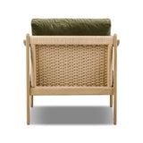 Tapered legs and sloped paddle arms frame the visible joinery and handwoven rope details of this accent chair, for a monochromatic yet visually intriguing frame. Finished with loose, velvet-upholstered seat and back cushions in a rich olive hue — for a subtle color contrast that celebrates the natural beauty of each material Amethyst Home provides interior design, new home construction design consulting, vintage area rugs, and lighting in the Houston metro area.