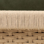 Tapered legs and sloped paddle arms frame the visible joinery and handwoven rope details of this accent chair, for a monochromatic yet visually intriguing frame. Finished with loose, velvet-upholstered seat and back cushions in a rich olive hue — for a subtle color contrast that celebrates the natural beauty of each material Amethyst Home provides interior design, new home construction design consulting, vintage area rugs, and lighting in the Nashville metro area.