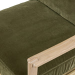 Tapered legs and sloped paddle arms frame the visible joinery and handwoven rope details of this accent chair, for a monochromatic yet visually intriguing frame. Finished with loose, velvet-upholstered seat and back cushions in a rich olive hue — for a subtle color contrast that celebrates the natural beauty of each material Amethyst Home provides interior design, new home construction design consulting, vintage area rugs, and lighting in the San Diego metro area.