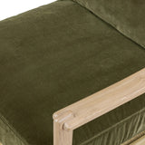 Tapered legs and sloped paddle arms frame the visible joinery and handwoven rope details of this accent chair, for a monochromatic yet visually intriguing frame. Finished with loose, velvet-upholstered seat and back cushions in a rich olive hue — for a subtle color contrast that celebrates the natural beauty of each material Amethyst Home provides interior design, new home construction design consulting, vintage area rugs, and lighting in the San Diego metro area.