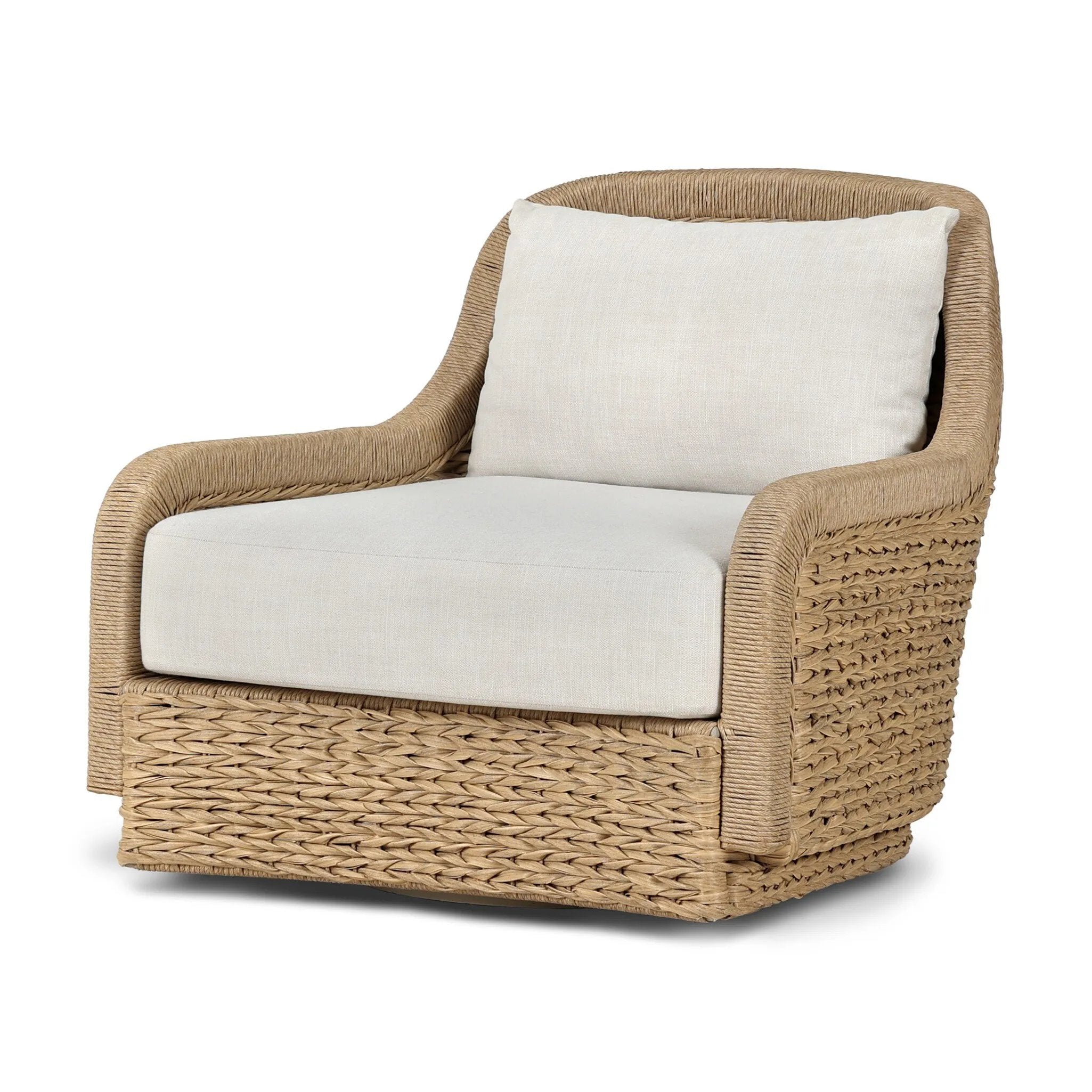For a casual, coastal vibe, this outdoor chair takes on the classic slipper silhouette with added dimension and movement atop a 360-swivel base. It's all about the heavy braided weave technique: Faux banana leaf comes together in a mix of weave formats for added visual interest, finishing with a cord wrap detail on the arms. Amethyst Home provides interior design, new home construction design consulting, vintage area rugs, and lighting in the Kansas City metro area.