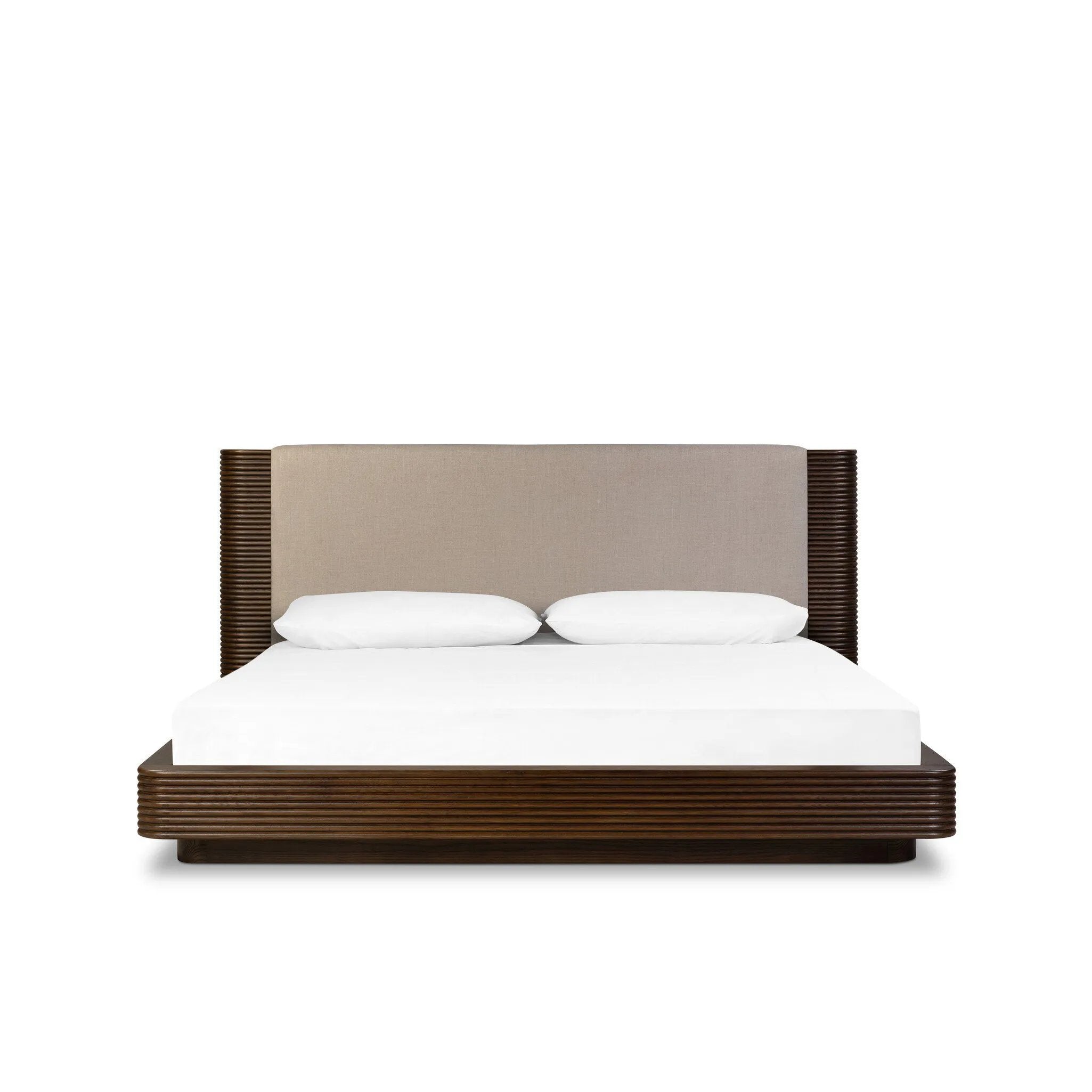 This streamlined silhouette offers so much more at a closer look. Brazilian midcentury inspired with a stacked fluted platform and exaggerated headboard. The headboard features a padded upholstered panel in a light performance fabric. Amethyst Home provides interior design, new home construction design consulting, vintage area rugs, and lighting in the Winter Garden metro area.