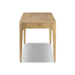 Tapered, curved legs highlight this three-drawer aged-oak writing desk crafted with solid and thick wood veneers Amethyst Home provides interior design, new home construction design consulting, vintage area rugs, and lighting in the Kansas City metro area.