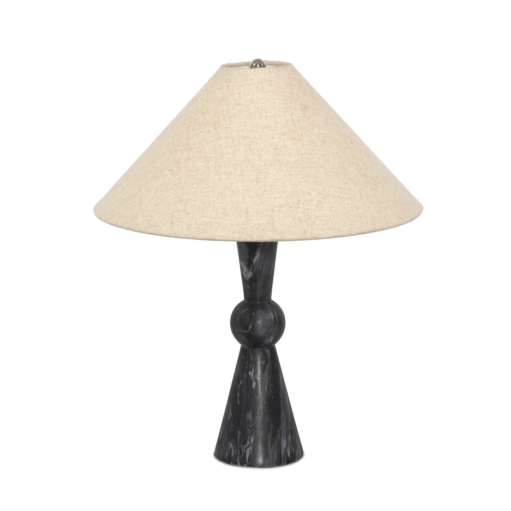 Polished forms define this sculptural table lamp, featuring a base of black Italian marble with distinctive white veining and a tapered flax linen shade.Collection: Ashe Amethyst Home provides interior design, new home construction design consulting, vintage area rugs, and lighting in the Los Angeles metro area.