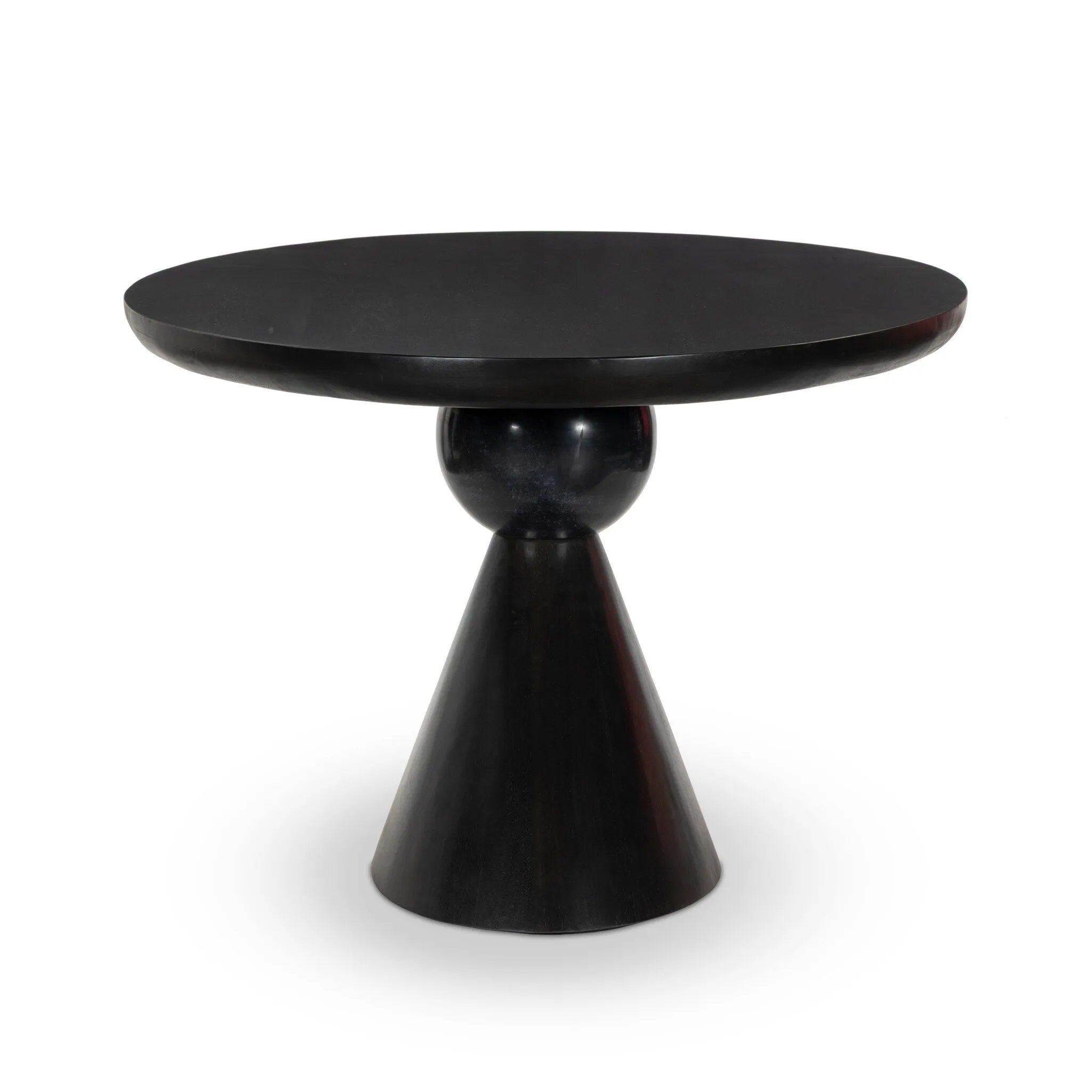A sculptural showstopper inspired by Italian design. Finished in smoked honey, a cone-tapered parawood base supports an oval tabletop separated by black-finished marble detailing.As enthusiasts of modern aesthetics at Amethyst, we love the warm modern inspired Bibianna Oval Dining Table - Black Marble - Worn Black Parawood. Amethyst Home provides interior design, new home construction design consulting, vintage area rugs, and lighting in the Houston metro area.