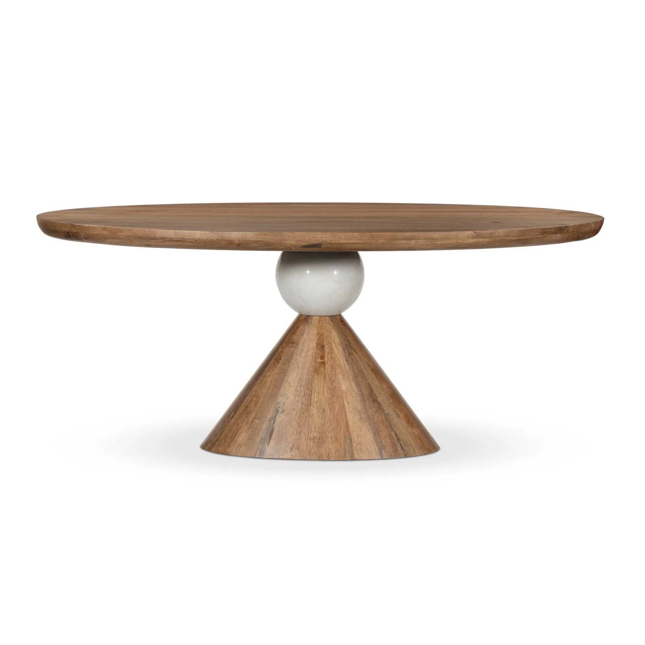 A sculptural showstopper inspired by Italian design. Finished in smoked honey, a cone-tapered parawood base supports an oval tabletop separated by white-finished marble detailing.As lovers of clean aesthetics at Amethyst, we love the nature inspired Bibianna Oval Dining Table - Honed White Marble - Smoked Honey. Amethyst Home provides interior design, new home construction design consulting, vintage area rugs, and lighting in the Houston metro area.