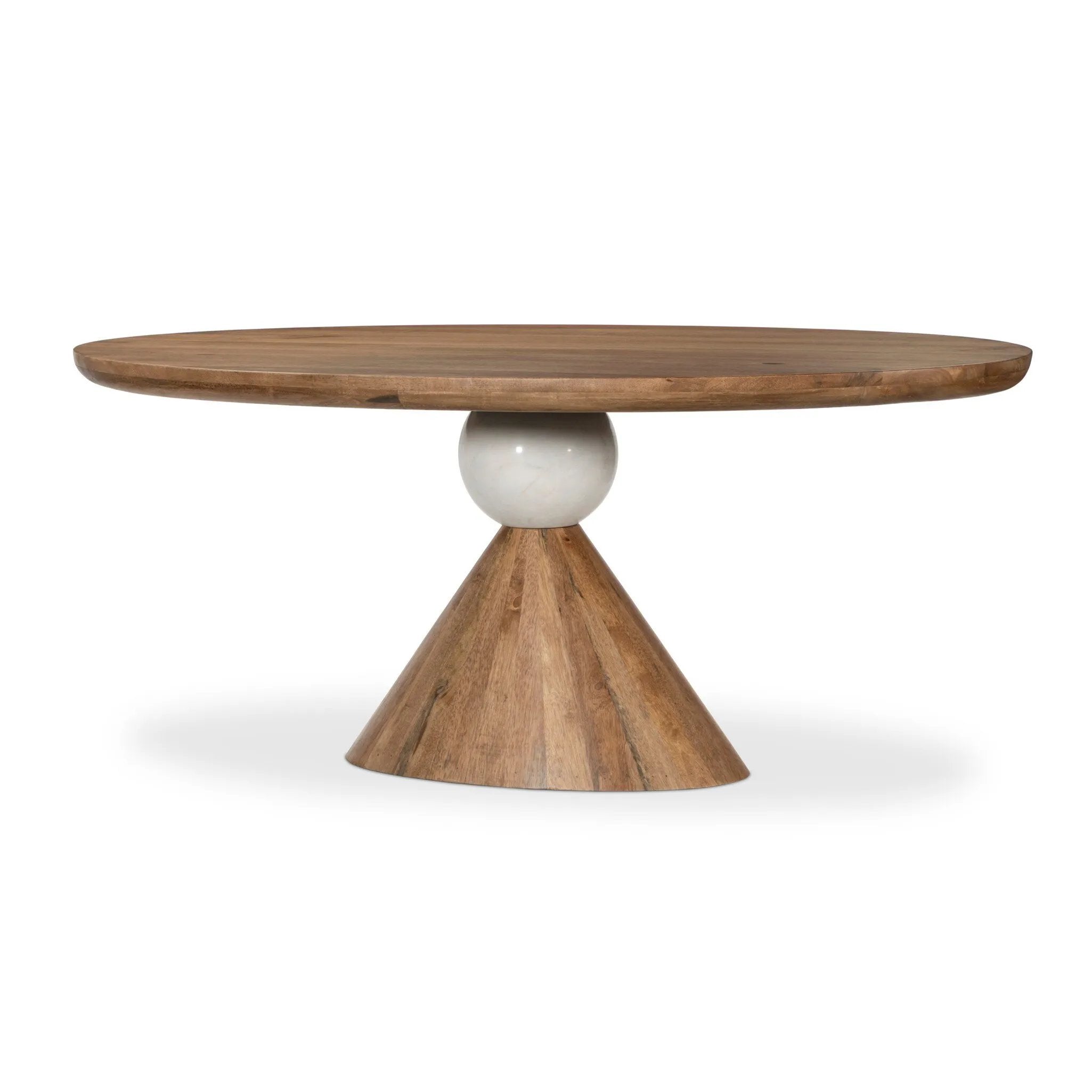A sculptural showstopper inspired by Italian design. Finished in smoked honey, a cone-tapered parawood base supports an oval tabletop separated by white-finished marble detailing.As lovers of clean aesthetics at Amethyst, we love the nature inspired Bibianna Oval Dining Table - Honed White Marble - Smoked Honey. Amethyst Home provides interior design, new home construction design consulting, vintage area rugs, and lighting in the Scottsdale metro area.