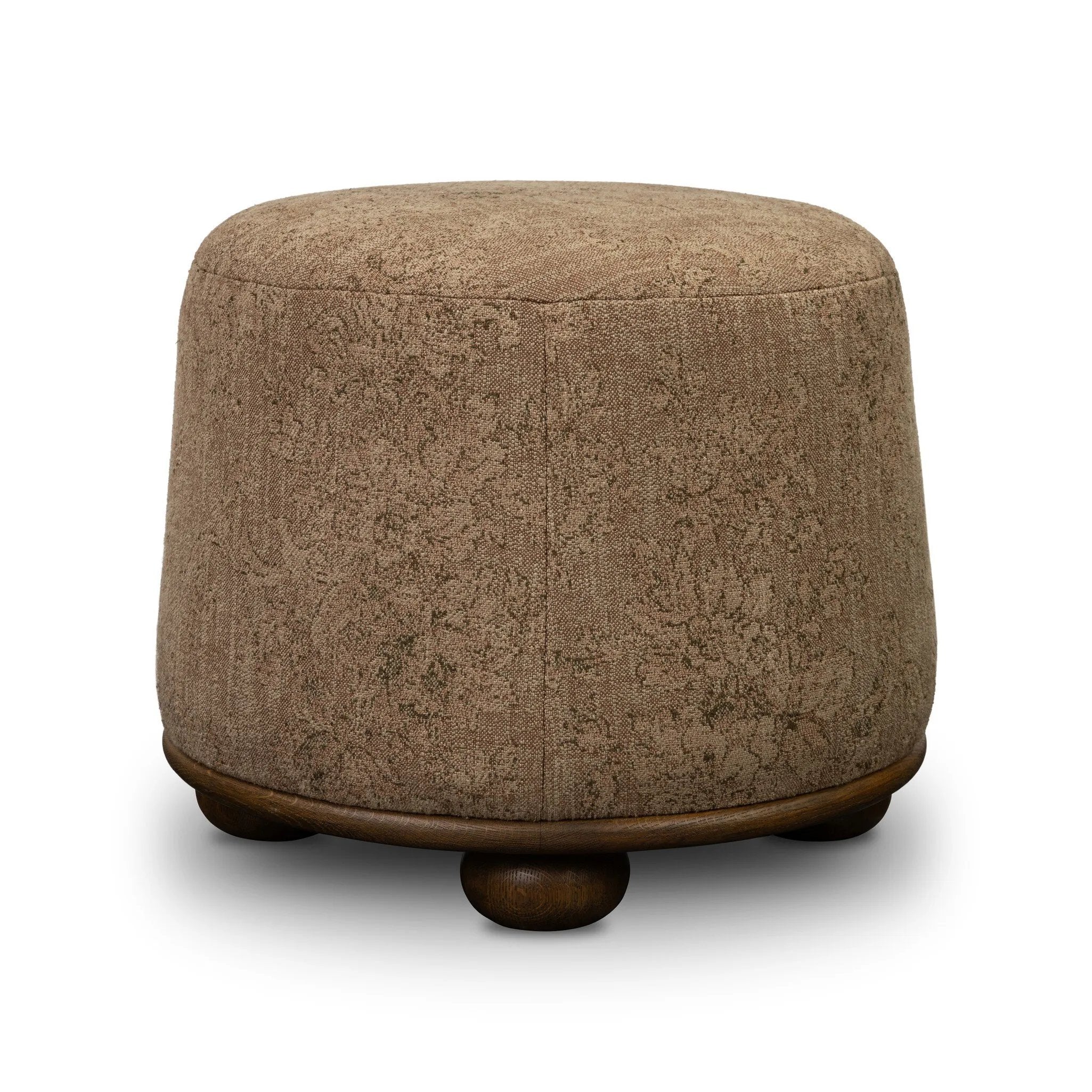 For an extra seat or propped feet, this welcoming ottoman features a subtly tapered shape and a rounded base with bun feet beneath. Crafted from almond-finished oak and upholstered with a linen blend fabric that features a beautiful damask pattern Amethyst Home provides interior design, new home construction design consulting, vintage area rugs, and lighting in the Monterey metro area.