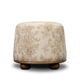 For an extra seat or propped feet, this welcoming ottoman features a subtly tapered shape and a rounded base with bun feet beneath. Crafted from solid worn oak and upholstered with a linen blend fabric that features a beautiful damask pattern Amethyst Home provides interior design, new home construction design consulting, vintage area rugs, and lighting in the Des Moines metro area.