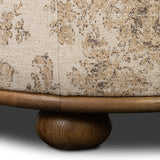 For an extra seat or propped feet, this welcoming ottoman features a subtly tapered shape and a rounded base with bun feet beneath. Crafted from solid worn oak and upholstered with a linen blend fabric that features a beautiful damask pattern Amethyst Home provides interior design, new home construction design consulting, vintage area rugs, and lighting in the Miami metro area.