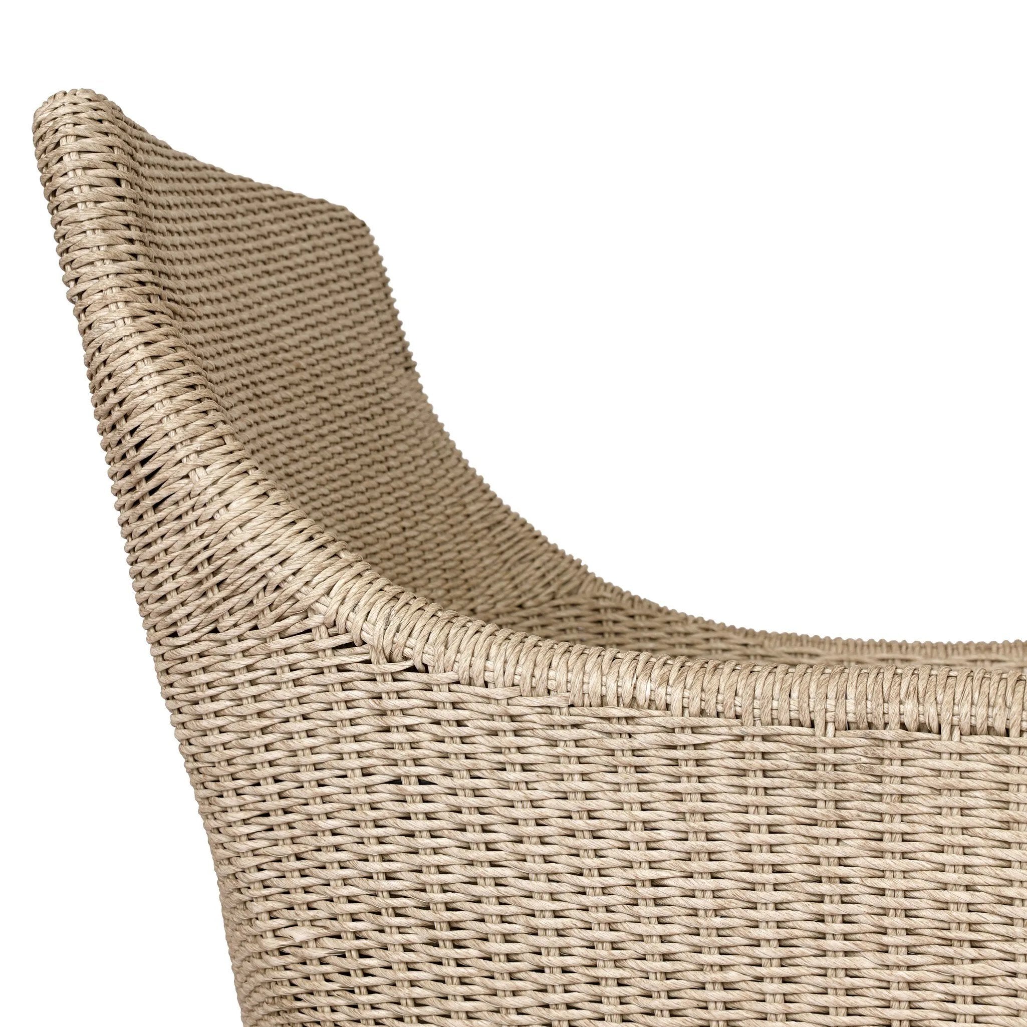 Sculptural and supportive with a high back, this fully woven outdoor lounge chair is finished with a cushion for an inviting seat. Cover or store inside during inclement weather and when not in use Amethyst Home provides interior design, new home construction design consulting, vintage area rugs, and lighting in the Los Angeles metro area.