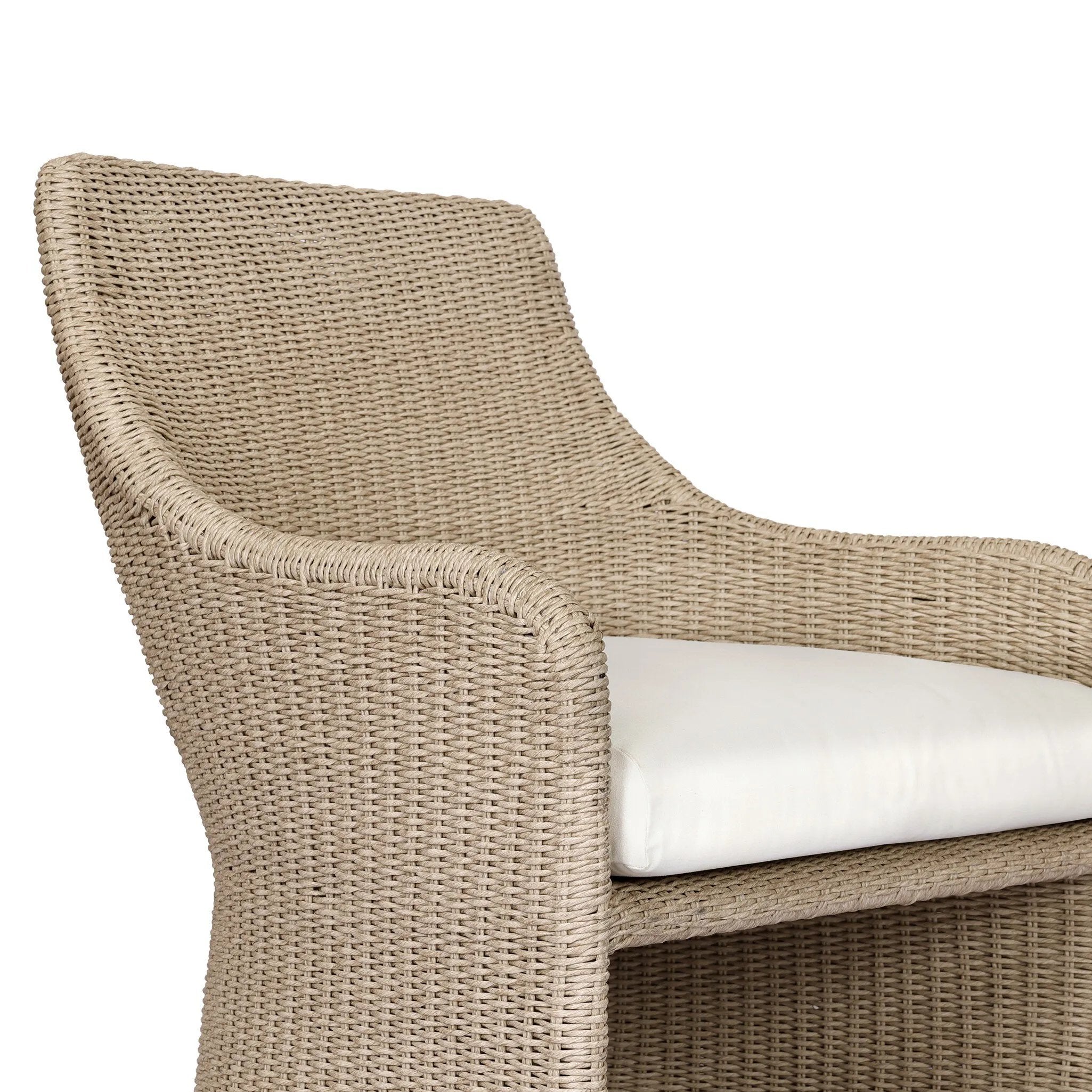Sculptural and supportive with a high back, this fully woven outdoor lounge chair is finished with a cushion for an inviting seat. Cover or store inside during inclement weather and when not in use Amethyst Home provides interior design, new home construction design consulting, vintage area rugs, and lighting in the Miami metro area.