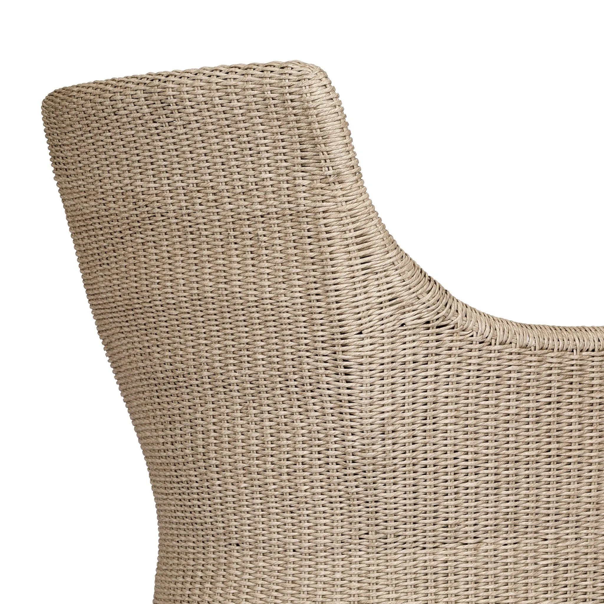 Sculptural and supportive with a high back, this fully woven outdoor lounge chair is finished with a cushion for an inviting seat. Cover or store inside during inclement weather and when not in use Amethyst Home provides interior design, new home construction design consulting, vintage area rugs, and lighting in the Newport Beach metro area.