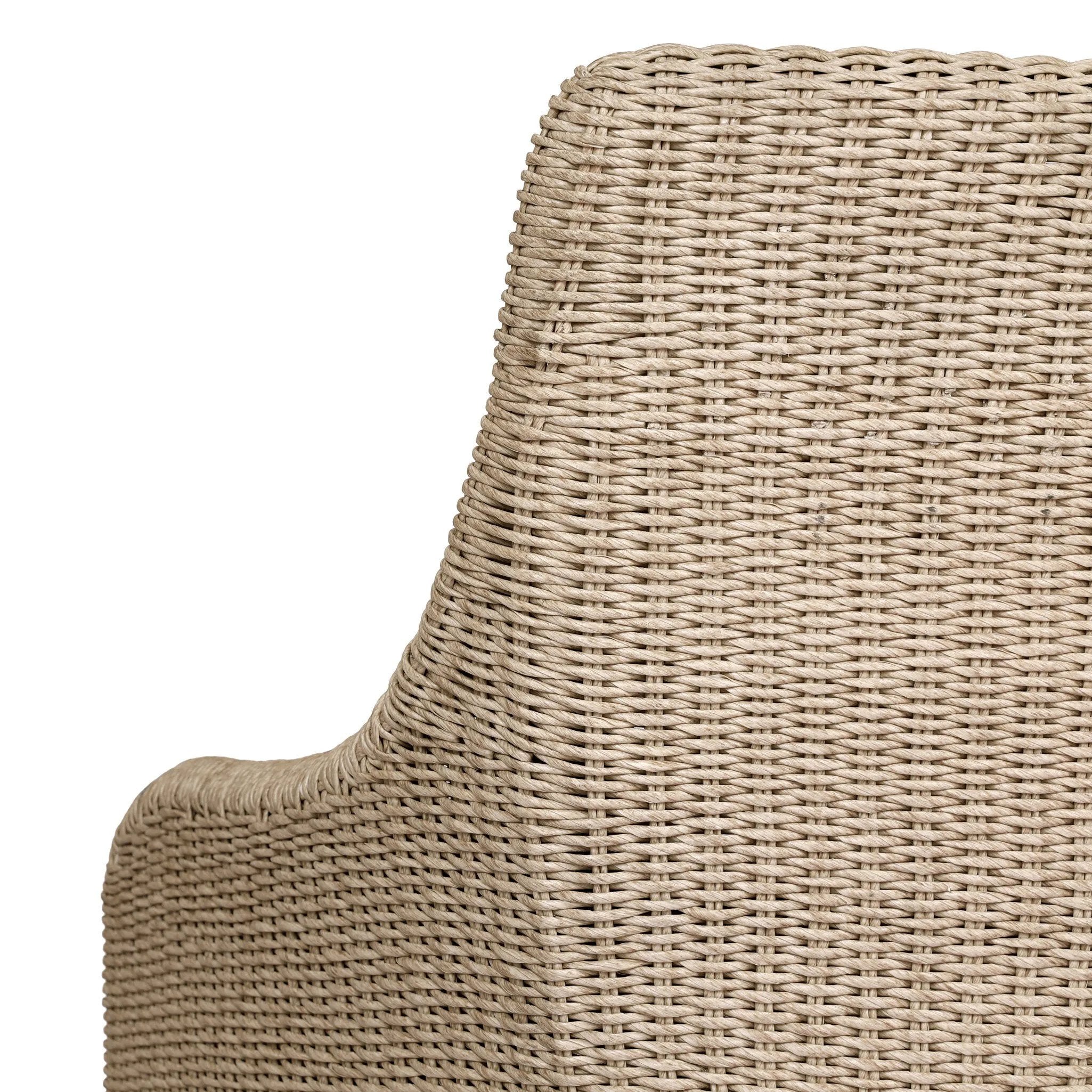 Sculptural and supportive with a high back, this fully woven outdoor lounge chair is finished with a cushion for an inviting seat. Cover or store inside during inclement weather and when not in use Amethyst Home provides interior design, new home construction design consulting, vintage area rugs, and lighting in the Seattle metro area.
