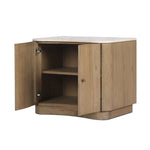 Fluid contours give shape to this solid mindi nightstand, topped with a creamy marbled top. Two doors with knobbed pulls open to inset shelves for organized bedside storage Amethyst Home provides interior design, new home construction design consulting, vintage area rugs, and lighting in the Calabasas metro area.