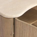 Fluid contours give shape to this solid mindi nightstand, topped with a creamy marbled top. Two doors with knobbed pulls open to inset shelves for organized bedside storage Amethyst Home provides interior design, new home construction design consulting, vintage area rugs, and lighting in the Dallas metro area.