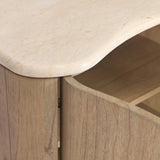 Fluid contours give shape to this solid mindi nightstand, topped with a creamy marbled top. Two doors with knobbed pulls open to inset shelves for organized bedside storage Amethyst Home provides interior design, new home construction design consulting, vintage area rugs, and lighting in the Dallas metro area.