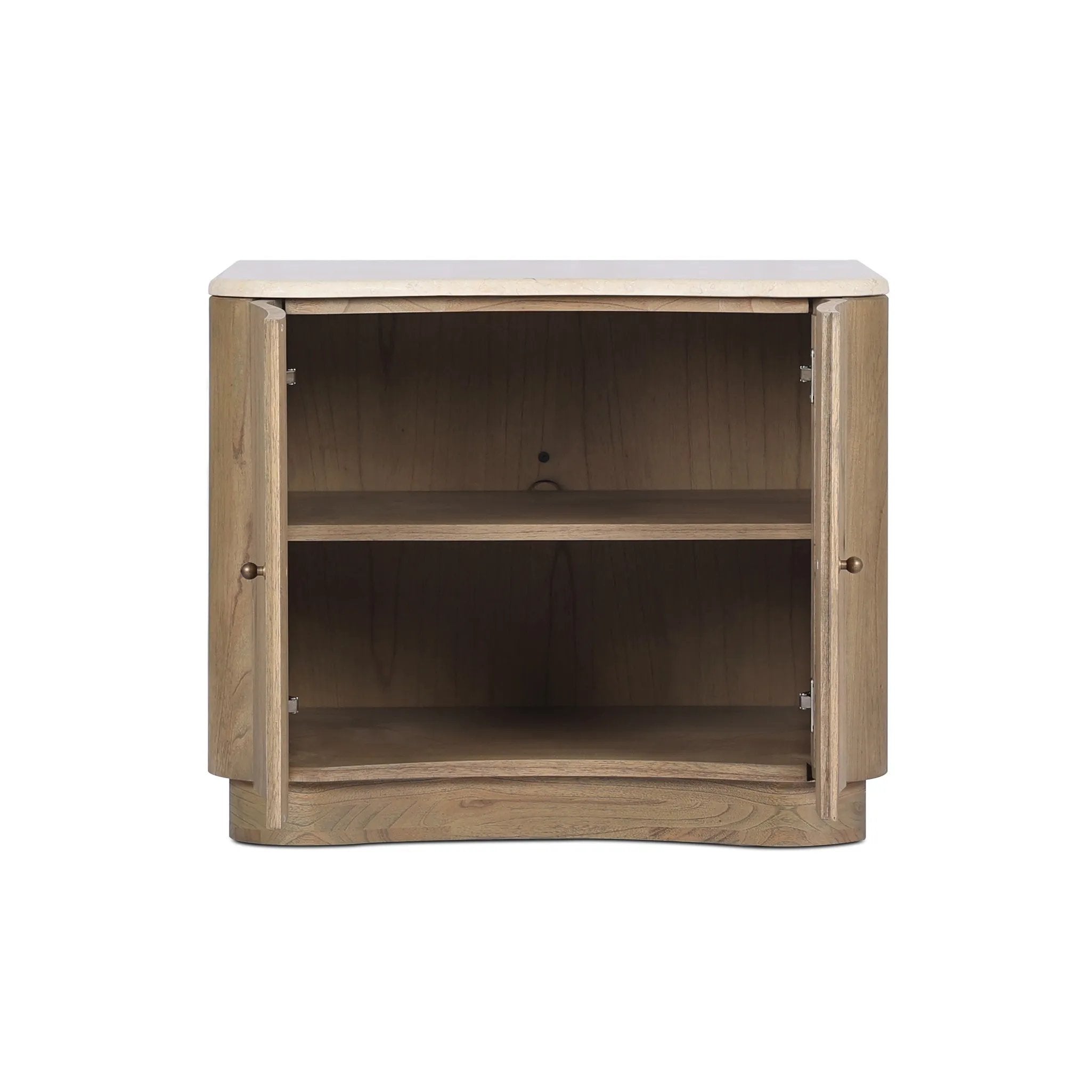 Fluid contours give shape to this solid mindi nightstand, topped with a creamy marbled top. Two doors with knobbed pulls open to inset shelves for organized bedside storage Amethyst Home provides interior design, new home construction design consulting, vintage area rugs, and lighting in the Monterey metro area.