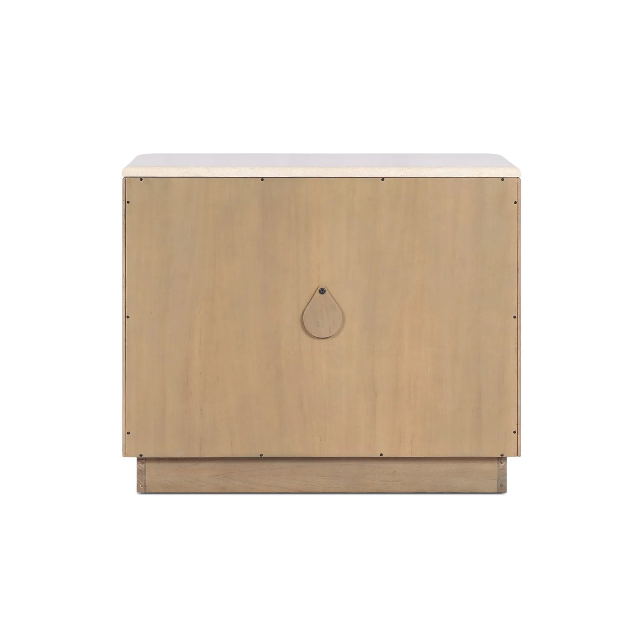 Fluid contours give shape to this solid mindi nightstand, topped with a creamy marbled top. Two doors with knobbed pulls open to inset shelves for organized bedside storage Amethyst Home provides interior design, new home construction design consulting, vintage area rugs, and lighting in the Seattle metro area.