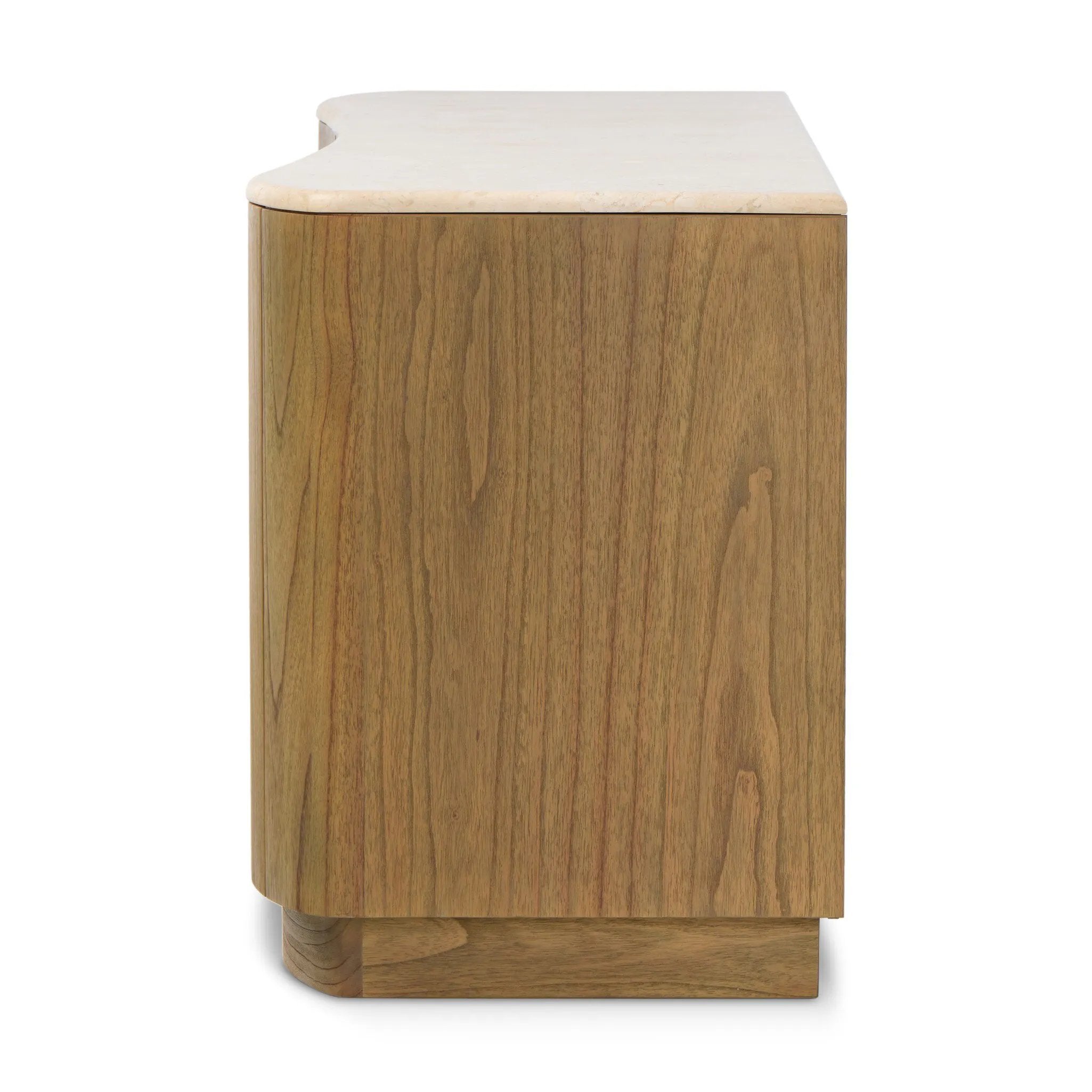 Fluid contours give shape to this solid mindi media console, topped with a creamy marbled top. Two doors with knobbed pulls and three drawers open to spacious storage Amethyst Home provides interior design, new home construction design consulting, vintage area rugs, and lighting in the Tampa metro area.