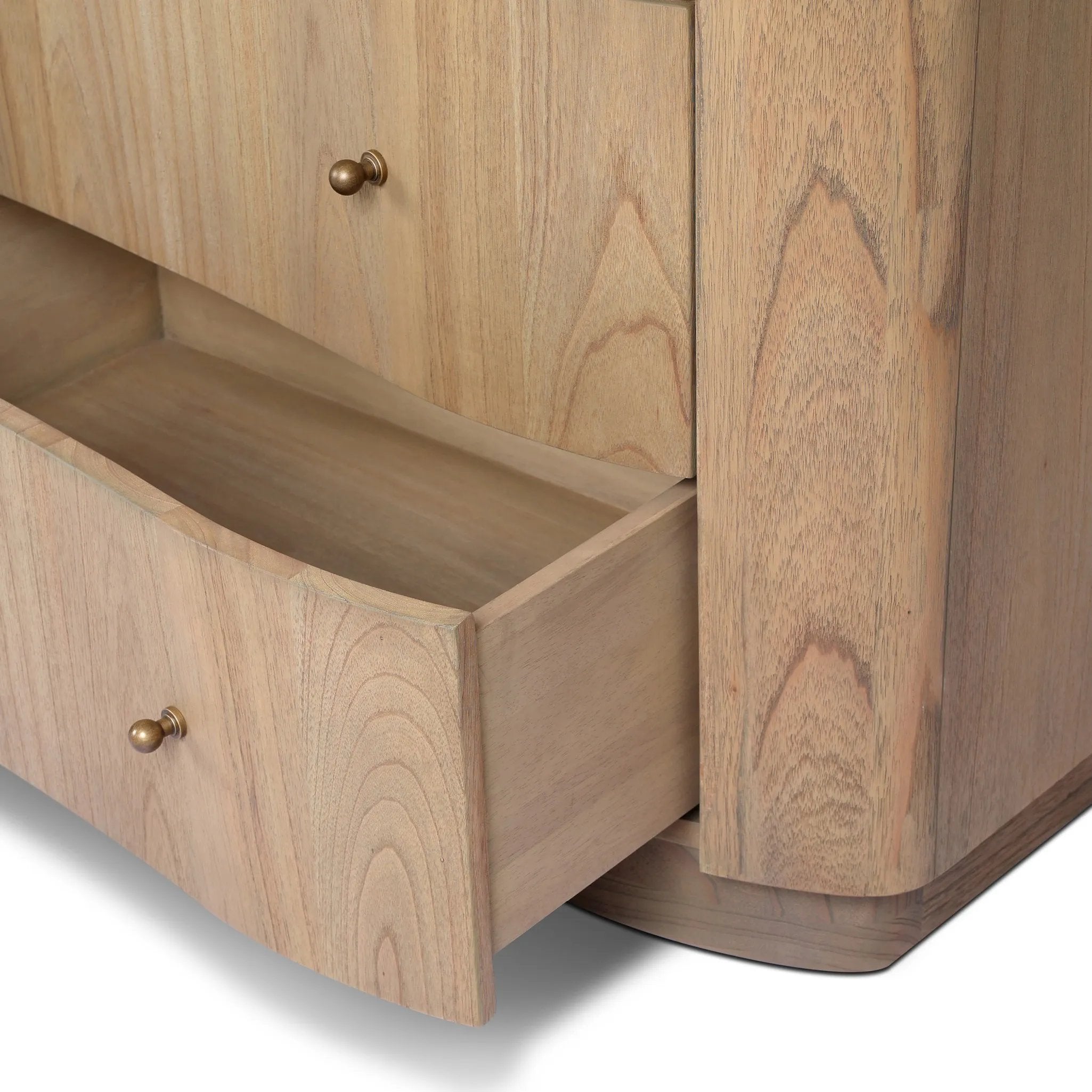 Fluid contours give shape to this solid mindi dresser, topped with a creamy marbled top. Six drawers with knobbed pulls open to spacious drawers Amethyst Home provides interior design, new home construction design consulting, vintage area rugs, and lighting in the Monterey metro area.