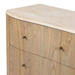 Fluid contours give shape to this solid mindi dresser, topped with a creamy marbled top. Six drawers with knobbed pulls open to spacious drawers Amethyst Home provides interior design, new home construction design consulting, vintage area rugs, and lighting in the Seattle metro area.