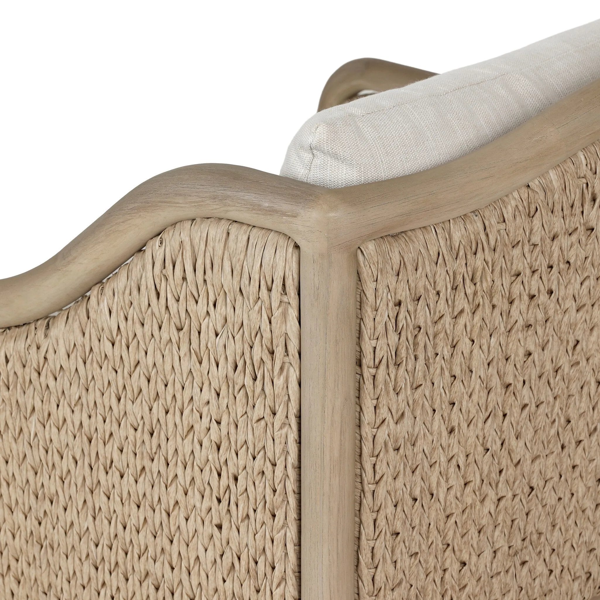 A fresh take on the traditional, this outdoor chair reimagines classic silhouettes with faux banana leaf panels bringing heavy texture to the frame. The camel back and swooping curves add softness, with removable cushions in a linen-like fabric adding comfort. Cover or store inside during inclement weather and when not in use. Amethyst Home provides interior design, new home construction design consulting, vintage area rugs, and lighting in the Scottsdale metro area.