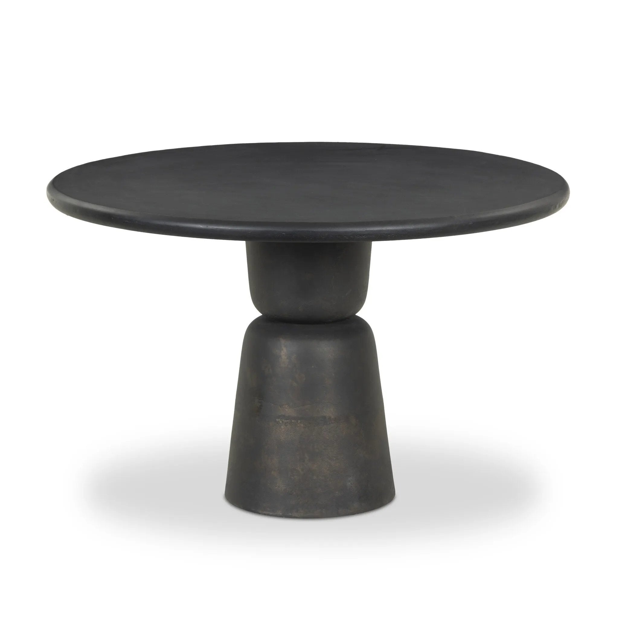 The simple pedestal shape gets extra character with subtle sculptural shaping around the base of this distressed bronze outdoor table. Cover or store inside during inclement weather and when not in use.As fans of luxe materials at Amethyst, we love the warm modern inspired Brixton Outdoor Round Dining Table 42". Amethyst Home provides interior design, new home construction design consulting, vintage area rugs, and lighting in the Park City metro area.