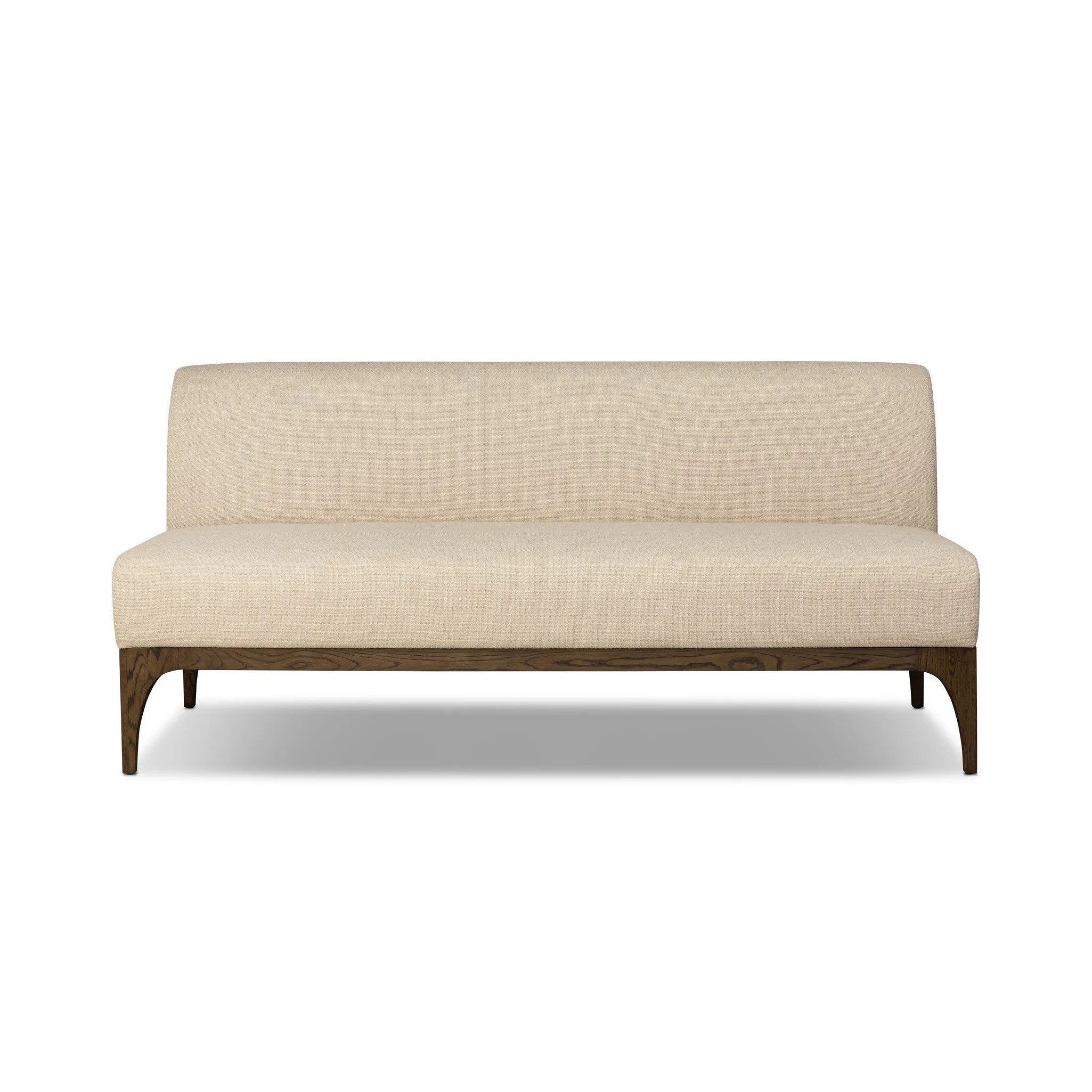 This timeless piece works seamlessly into a wide range of styles and collections. With tapered wooden legs with a small curve detail and an armless silhouette for ease and flexibility around a dining banquette. Upholstered in a beautifully neutral performance fabric, connected with alligator clips at the bottom. Amethyst Home provides interior design, new home construction design consulting, vintage area rugs, and lighting in the Monterey metro area.