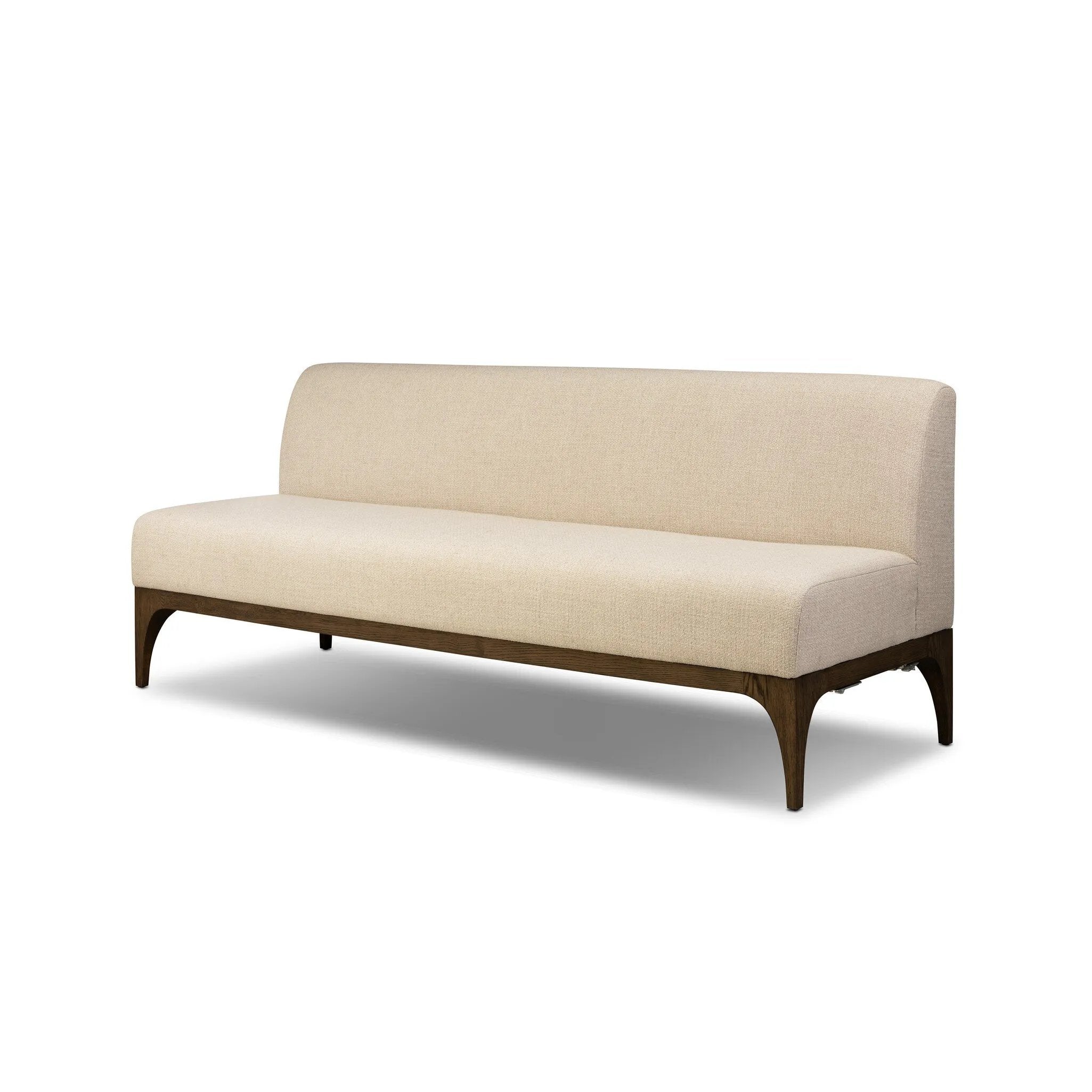 This timeless piece works seamlessly into a wide range of styles and collections. With tapered wooden legs with a small curve detail and an armless silhouette for ease and flexibility around a dining banquette. Upholstered in a beautifully neutral performance fabric, connected with alligator clips at the bottom. Amethyst Home provides interior design, new home construction design consulting, vintage area rugs, and lighting in the Omaha metro area.
