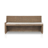 Antique-inspired coastal style. Rattan introduces varying natural shades and texture to this dining bench, and the frame's soft lines and fabric cushion invite a comfortable sit. Option to style alone or pair with other pieces in the collection. A design collaboration by Amber Lewis and Four Hands. Winner of the Domino Good Design Awards 2024. Amethyst Home provides interior design, new home construction design consulting, vintage area rugs, and lighting in the Calabasas metro area.