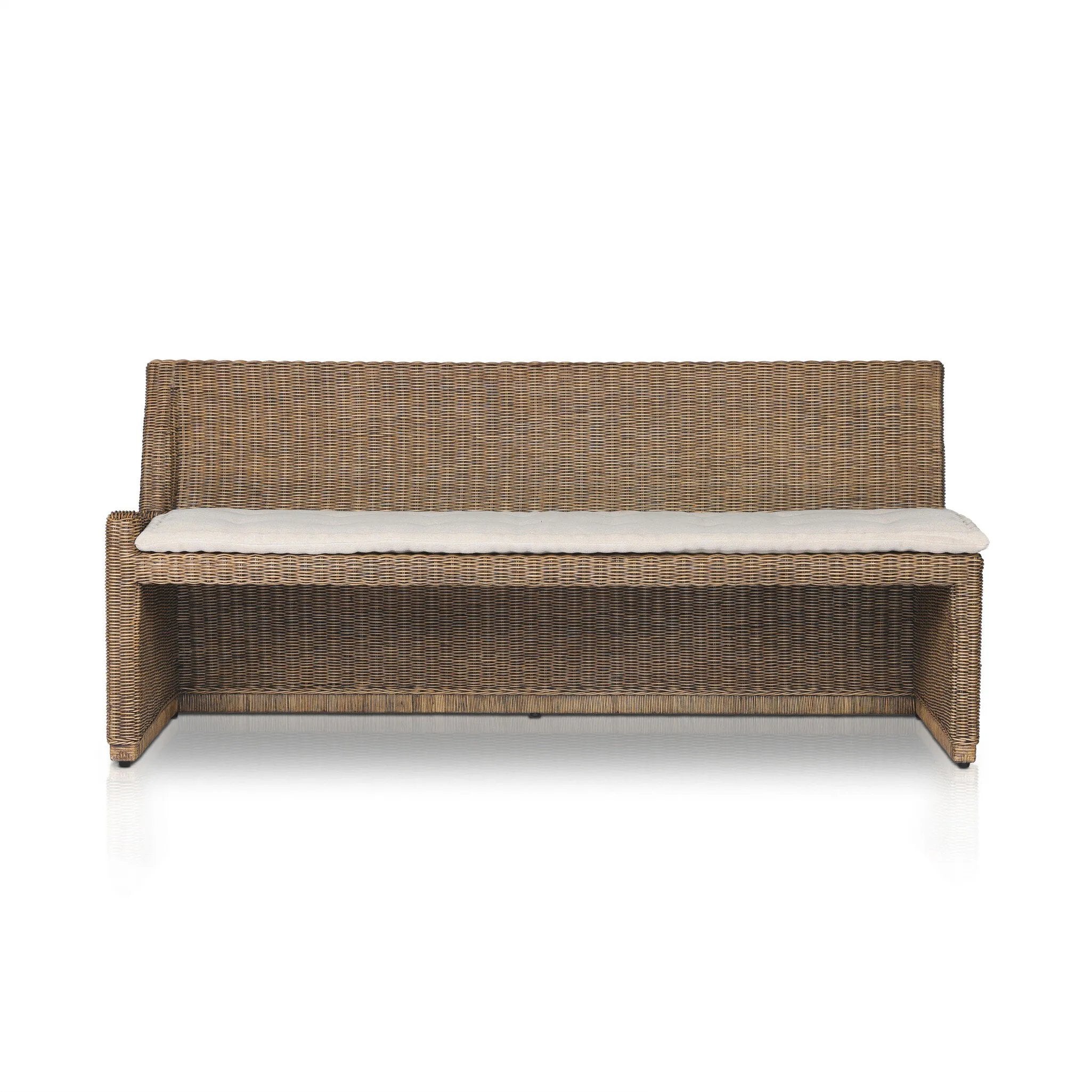 Antique-inspired coastal style. Rattan introduces varying natural shades and texture to this dining bench, and the frame's soft lines and fabric cushion invite a comfortable sit. Option to style alone or pair with other pieces in the collection. A design collaboration by Amber Lewis and Four Hands. Winner of the Domino Good Design Awards 2024. Amethyst Home provides interior design, new home construction design consulting, vintage area rugs, and lighting in the Calabasas metro area.
