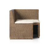 Antique-inspired coastal style. Rattan introduces varying natural shades and texture to this dining bench, and the frame's soft lines and fabric cushion invite a comfortable sit. Option to style alone or pair with other pieces in the collection. A design collaboration by Amber Lewis and Four Hands. Winner of the Domino Good Design Awards 2024. Amethyst Home provides interior design, new home construction design consulting, vintage area rugs, and lighting in the Houston metro area.