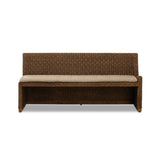 Antique-inspired coastal style. Rattan introduces varying natural shades and texture to this dining bench, and the frame's soft lines and beige and white striped fabric cushion invite a comfortable sit. Option to style alone or pair with other pieces in the collection. A design collaboration by Amber Lewis and Four Hands. Amethyst Home provides interior design, new home construction design consulting, vintage area rugs, and lighting in the Des Moines metro area.