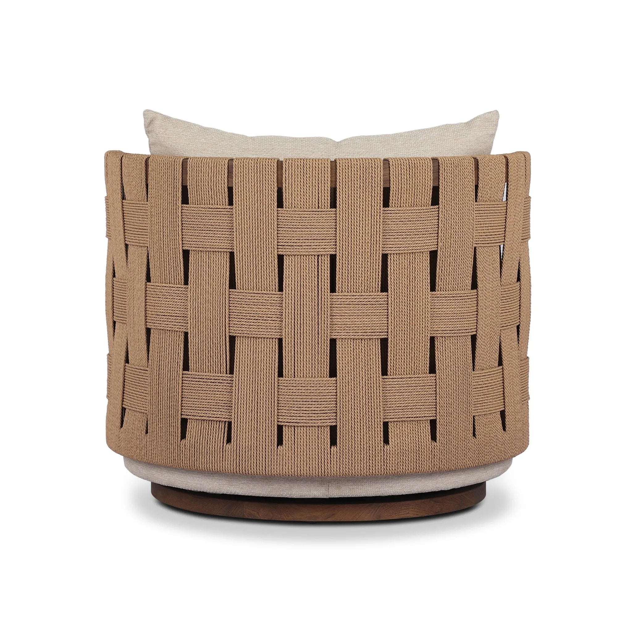 A material statement. A cocoon-like exposed frame of FSC®-certified teak features chunky weaving for a rich look that complements an upholstered seat and back cushion — all atop a 360-degree swivel base. Cover or store indoors during inclement weather and when not in use Amethyst Home provides interior design, new home construction design consulting, vintage area rugs, and lighting in the Charlotte metro area.