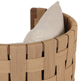 A material statement. A cocoon-like exposed frame of FSC®-certified teak features chunky weaving for a rich look that complements an upholstered seat and back cushion — all atop a 360-degree swivel base. Cover or store indoors during inclement weather and when not in use Amethyst Home provides interior design, new home construction design consulting, vintage area rugs, and lighting in the Houston metro area.