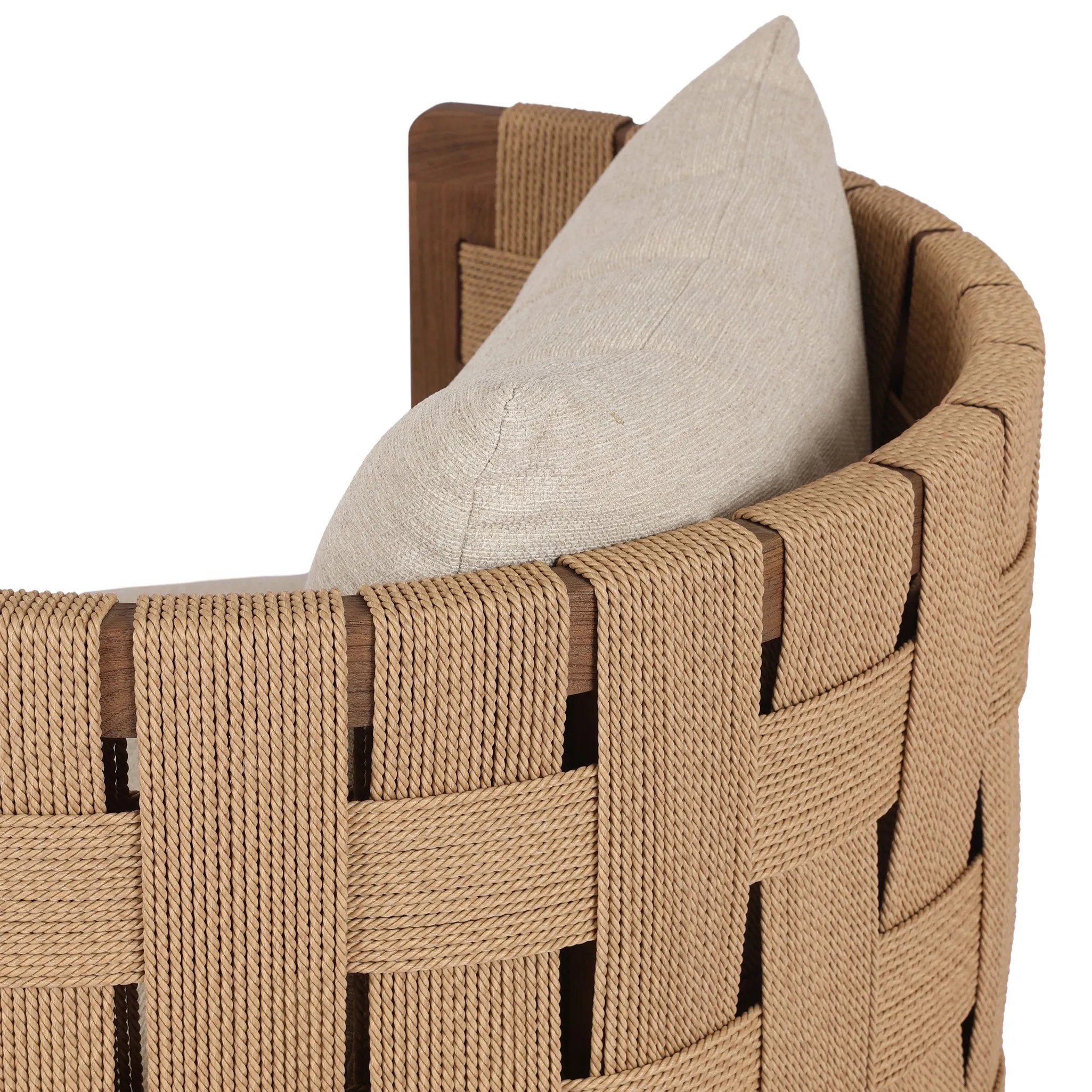 A material statement. A cocoon-like exposed frame of FSC®-certified teak features chunky weaving for a rich look that complements an upholstered seat and back cushion — all atop a 360-degree swivel base. Cover or store indoors during inclement weather and when not in use Amethyst Home provides interior design, new home construction design consulting, vintage area rugs, and lighting in the Houston metro area.